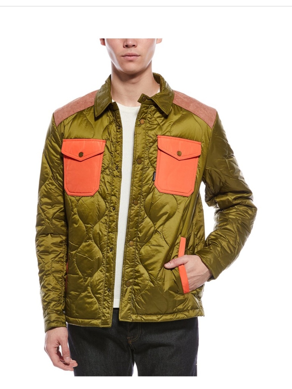 Scotch & Soda Olive Quilted Jacket with Coral Pocket Accents